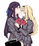  2girls blonde_hair blush commentary_request eyebrows_visible_through_hair highres long_hair multiple_girls omsubi purple_hair saijou_claudine seishou_music_academy_uniform shoujo_kageki_revue_starlight signature tendou_maya violet_eyes yellow_eyes yuri 