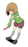  1other bangs blood blood_on_weapon blunt_bangs blush_stickers bob_cut brown_footwear brown_hair brown_shorts chara_(undertale) finger_to_mouth green_sweater index_finger_raised kneehighs knife looking_at_viewer megasawara red_eyes shoes shorts smile sweater undertale weapon 