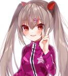  1girl :d blush commission copyright_request dot_nose grey_hair horns jacket looking_at_viewer noi_mine pink_jacket red_eyes simple_background skeb_commission smile solo twintails upper_body v white_background 
