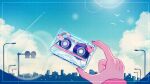  blue_sky building cassette_tape city cityscape condensation_trail cumulonimbus_cloud hands highres holding kirby kirby&#039;s_dream_land kirby_(series) outdoors sky wacca005 