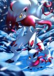  absurdres blurry claws closed_mouth commentary_request evolutionary_line footprints furry highres hisuian_zoroark hisuian_zorua kaichi_(tomiyu25) looking_down outdoors pokemon pokemon_(creature) signature snow snowing standing yellow_eyes 