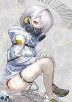  1girl barcode barcode_tattoo belt belt_buckle buckle chain commentary_request gas_mask highres looking_at_viewer mask original panties red_eyes red_panties respirator restrained sakuramomo shoes sitting skull sneakers solo straitjacket tattoo thigh-highs underwear white_hair 