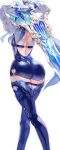  1girl ass back black_gloves black_legwear black_leotard blue_cape blue_neckwear cape duplicate eula_(genshin_impact) genshin_impact gloves hair_ornament highres leotard long_sleeves necktie pixel-perfect_duplicate thigh-highs thighs uenoryoma 