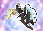  1girl apron ass blonde_hair breasts closed_mouth dark-skinned_female dark_skin dress gravity_daze kitten_(gravity_daze) long_hair looking_at_viewer maid maid_headdress onnaski pantyhose red_eyes smile solo 