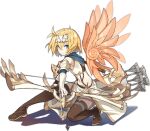  1girl ark_order arrow_(projectile) bangs blonde_hair blue_scarf boots bow_(weapon) brown_footwear crop_top detached_wings drawing_bow elbow_gloves feathered_wings forehead_protector full_body gloves gold_trim hair_intakes holding holding_arrow holding_bow_(weapon) holding_weapon icarus_(ark_order) jewelry k_suke_(weibo) looking_at_viewer midriff official_art orange_wings quiver ring scarf shirt short_hair skirt solo stomach tachi-e thigh-highs thigh_boots transparent_background weapon white_gloves white_shirt white_skirt wings 