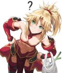  1girl ? armor bag bandeau bangs bare_shoulders black_legwear blonde_hair blush braid breasts collarbone detached_collar detached_sleeves egg_carton fate/apocrypha fate_(series) faulds french_braid green_eyes grocery_bag hair_ornament hair_scrunchie highres leaning_forward leaning_to_the_side long_hair looking_at_viewer mordred_(fate) mordred_(fate/apocrypha) navel parted_bangs pelvic_curtain ponytail revision scrunchie shopping_bag sidelocks simple_background small_breasts solo spring_onion thigh-highs thighs tonee 