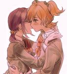  2girls blush bow bowtie brown_jacket closed_mouth collared_shirt daiba_nana glasses green_bow hair_bow hands_on_another&#039;s_shoulders hands_on_another&#039;s_waist highres hoshimi_junna jacket jiaochunhaochi long_hair long_sleeves multiple_girls open_mouth orange_hair orange_neckwear purple_hair school_uniform shirt short_hair shoujo_kageki_revue_starlight simple_background smile symbol-only_commentary two_side_up upper_body white_background white_shirt 