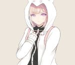  1girl :o alternate_color animal_hood bangs black_shirt blush buttons cat_hood clenched_hand danganronpa_(series) danganronpa_2:_goodbye_despair dress_shirt grey_background hand_up hood jacket lengning_kuangshi medium_hair nanami_chiaki neck_ribbon pink_eyes pink_ribbon ribbon shiny shiny_hair shirt simple_background solo striped striped_ribbon teeth two-tone_shirt upper_body upper_teeth white_jacket white_shirt 