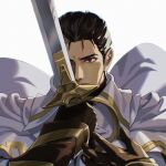  1boy absurdres alternate_costume bikini_boody black_eyes black_hair cape commission commissioner_upload fire_emblem fire_emblem:_thracia_776 fire_emblem_heroes gloves highres holding one_eye_covered reinhardt_(fire_emblem) simple_background solo sword weapon white_background 