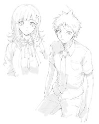  1boy 1girl ahoge backpack bag bangs breasts closed_mouth cropped_legs cropped_torso danganronpa_(series) danganronpa_2:_goodbye_despair eyebrows_visible_through_hair greyscale hair_ornament hinata_hajime jacket lineart monochrome nanami_chiaki neck_ribbon necktie pocket ribbon sawa2 shirt short_sleeves simple_background sketch 