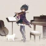  1girl black_hair boots bow_(instrument) cat cello coat dated dress eiyuu_senki full_body grey_eyes headphones highres instrument ludwig_van_beethoven_(eiyuu_senki) messy_hair music music_stand oyari_ashito pantyhose piano piano_bench piano_print playing_instrument short_hair signature smile violin white_cat 