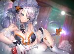  1girl animal_ears bangs bare_shoulders bell breasts cat_ears cat_tail choker closed_mouth eyebrows feet_out_of_frame gloves hair_ornament highres hitowa large_breasts long_hair looking_at_viewer lying neck_bell on_side original silver_hair smile tail thigh-highs underwear white_gloves white_legwear 