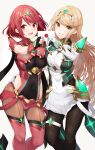  2girls bangs bare_shoulders black_gloves black_legwear blonde_hair breasts chest_jewel commentary_request dress earrings elbow_gloves fingerless_gloves gloves hair_ornament headpiece highres jewelry large_breasts long_hair multiple_girls mythra_(massive_melee)_(xenoblade) mythra_(xenoblade) pantyhose pyra_(xenoblade) red_eyes red_legwear red_shorts redhead revision short_dress short_hair short_shorts shorts simple_background smash_invitation smile super_smash_bros. swept_bangs teeth thigh-highs tiara very_long_hair white_dress white_gloves xenoblade_chronicles_(series) xenoblade_chronicles_2 yappen yellow_eyes 