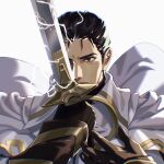  1boy absurdres alternate_costume bikini_boody black_eyes black_hair cape commission commissioner_upload electricity fire_emblem fire_emblem:_thracia_776 fire_emblem_heroes gloves highres holding one_eye_covered reinhardt_(fire_emblem) simple_background solo sword weapon 