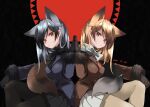  2girls animal_ears bangs beige_legwear black_bow black_gloves black_hair black_legwear black_skirt blonde_hair blue_jacket bow bowtie brown_eyes brown_jacket commentary_request dated eyebrows_visible_through_hair ezo_red_fox_(kemono_friends) fox_ears fox_girl fox_tail fur-trimmed_sleeves fur_trim gloves gradient_hair grey_gloves grey_hair highres jacket kemono_friends long_sleeves multicolored_hair multiple_girls nanana_(nanana_iz) pantyhose pleated_skirt silver_fox_(kemono_friends) simple_background sitting skirt swept_bangs symmetry tail tail_wrap white_bow white_skirt 