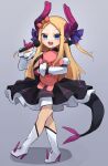 1girl abigail_williams_(fate) bangs bare_shoulders black_dress blonde_hair blue_eyes blush breasts cosplay curled_horns dragon_girl dragon_horns dragon_tail dress elizabeth_bathory_(fate) elizabeth_bathory_(fate)_(cosplay) elizabeth_bathory_(fate/extra_ccc) fate/grand_order fate_(series) forehead full_body hair_ribbon highres horns layered_skirt long_hair looking_at_viewer miya_(miyaruta) parted_bangs ribbon skirt small_breasts stuffed_animal stuffed_toy tail teddy_bear thighs two_side_up white_skirt