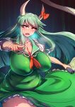  1girl breasts dress enajii ex-keine green_dress green_hair highres horn_ornament horn_ribbon horns kamishirasawa_keine large_breasts multicolored_hair no_bra plump ribbon solo touhou two-tone_hair 