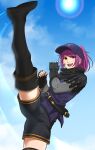  1girl :d airisubaka bandaid bandaid_on_cheek belt black_footwear black_gloves black_shorts blue_sky boots brown_eyes commentary english_commentary eyebrows_visible_through_hair final_fantasy final_fantasy_xiv fingerless_gloves gloves high_kick highres kicking leah_(airisubaka) leg_up looking_at_viewer original ponytail purple_hair short_shorts shorts sky smile solo thigh-highs thigh_boots v-shaped_eyebrows 