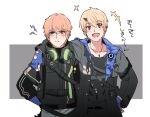  2boys :d arm_over_shoulder bangs black_gloves black_jacket blonde_hair blue_eyes blue_gloves blush border brown_background camouflage camouflage_jacket character_request closed_mouth earrings gloves horns jacket jewelry long_sleeves looking_at_viewer multiple_boys necklace open_mouth orange_hair punishing:_gray_raven sachiko_y short_hair single_horn smile violet_eyes 