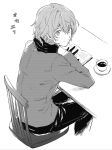  1boy akechi_gorou book chair closed_mouth cup gloves greyscale hair_between_eyes head_tilt jacket long_sleeves male_focus monochrome pants persona persona_5 sawa2 simple_background sitting solo table 