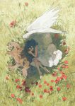  1girl barefoot dress grass highres long_hair lying nature original outdoors petals potg_(piotegu) white_dress wings 