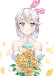  +_+ 1girl bangs bare_shoulders blue_eyes blush bouquet brooch closed_mouth collarbone commentary_request crystal detached_collar dress emerald_(gemstone) flower grey_hair hair_ornament happy highres holding holding_bouquet jewelry jpeg_artifacts level9kaito light_blush looking_at_viewer multicolored_eyes off-shoulder_dress off_shoulder official_alternate_costume petals rose short_hair sidelocks simple_background smile solo standing stella_(world_flipper) straight-on swept_bangs upper_body violet_eyes white_background white_dress white_flower world_flipper yellow_flower yellow_rose 