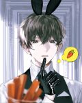  1boy animal_ears black_eyes black_gloves black_hair black_vest blurry blurry_foreground breast_pocket carrot collared_shirt commentary_request finger_to_mouth formal gloves hand_up highres ishida_(segu_ishida) looking_at_viewer male_focus original parted_lips pocket rabbit_ears shirt short_hair solo suit thought_bubble upper_body vest white_shirt 