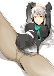  1girl alice_gear_aegis black_shirt blue_neckwear blush breasts brown_eyes character_request closed_mouth doko_tetora grey_hair grey_legwear hands_up highres large_breasts long_hair looking_at_viewer lying necktie on_back pantyhose shirt simple_background solo spread_legs white_background 