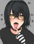  1boy black_hair blush collar commentary_request eyebrows_visible_through_hair fangs glasses grey_background hair_between_eyes heart karasu_(jjwh2832) looking_at_viewer mashiro_(nijisanji) nijisanji open_mouth simple_background slit_pupils solo teeth tongue upper_body yellow_eyes 