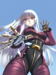  1girl bangs belt blue_background blue_hair bodysuit breasts eyebrows_visible_through_hair gloves gyugyu highres ice kula_diamond long_hair looking_at_viewer simple_background small_breasts the_king_of_fighters turtleneck violet_eyes zipper 