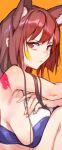  1girl animal_ears breasts closed_mouth copyright_request crossed_arms from_side frown highres large_breasts looking_at_viewer orange_background paint_splatter paint_splatter_on_face red_eyes redhead ringed_eyes sideboob simple_background solo souji_hougu 