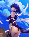  1girl ass bare_shoulders black_bodysuit bodysuit breasts clouds commentary detached_sleeves doot_bug genshin_impact gloves japanese_clothes kujou_sara large_breasts leotard looking_to_the_side obi obiage obijime outdoors pelvic_curtain purple_hair sash short_hair tassel thigh-highs yellow_eyes 