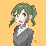  1girl bangs blush collared_shirt cropped_torso dress_shirt eyebrows_visible_through_hair fang formal green_eyes green_hair grey_jacket hair_between_eyes highres igarashi_futaba_(shiromanta) jacket long_hair long_sleeves open_mouth ponytail senpai_ga_uzai_kouhai_no_hanashi shirt sidelocks smile solo suit teeth two-tone_background upper_body upper_teeth white_shirt yellow_background yomu_(sgt_epper) 