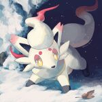  bright_pupils commentary_request highres hisuian_zorua kira_(kira_dra) leaf looking_to_the_side no_humans outdoors pokemon pokemon_(creature) snow snowing solo white_pupils yellow_eyes 