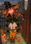  1girl absurdres autumn bangs brown_footwear closed_mouth commentary_request eyebrows_visible_through_hair green_eyes green_headwear hair_between_eyes halloween halloween_bucket hat head_tilt highres holding house jack-o&#039;-lantern long_hair long_sleeves looking_at_viewer open_door orange_legwear original outdoors pantyhose plaid_headwear qooo003 red_legwear redhead shoes smile socks socks_over_pantyhose solo standing sunset wide_sleeves window witch_hat wreath 