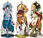  3girls black_hair blonde_hair blue_cape blue_eyes blue_hair blue_neckwear blue_skirt bob_cut boots brown_jacket cape chisa_(doko_tetora) closed_mouth colored_inner_hair doko_tetora eel flower green_footwear green_skirt grey_jacket hair_ornament hand_up hiama_(doko_tetora) highres jacket long_hair long_sleeves looking_at_viewer medium_hair midriff miniskirt multicolored_hair multiple_girls navel necktie orange_hair orange_legwear orange_skirt original pantyhose profile red_cape red_flower red_rose rei_(doko_tetora) rose simple_background skirt standing thigh_gap torn_cape torn_clothes two-sided_cape two-sided_fabric white_background x_hair_ornament yellow_cape 