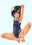  1girl absurdres armpits arms_behind_head arms_up bangs bare_shoulders barefoot black_hair commentary_request competition_swimsuit covered_navel dark-skinned_female dark_skin eyebrows_visible_through_hair full_body highres looking_at_viewer one-piece_swimsuit original shouyan solo swimsuit violet_eyes 