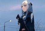  1girl :o ak-12 ak-12_(girls&#039;_frontline) assault_rifle black_gloves blue_sky braid eyebrows_visible_through_hair french_braid girls_frontline gloves gun hair_ribbon highres hinami047 holding holding_gun holding_weapon kalashnikov_rifle long_hair looking_away open_mouth ribbon rifle silver_hair simple_background sky solo tactical_clothes upper_body violet_eyes weapon 