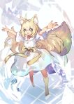  1girl absurdres ahoge animal_ear_fluff animal_ears arms_up barefoot blonde_hair blue_eyes bow collarbone commission crystal dress eyebrows_visible_through_hair fox_girl fox_tail glint hair_between_eyes highres long_hair open_hands open_mouth original shiba_(s_hi_ba_) skeb_commission solo tail tongue white_dress yellow_bow 