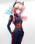  1girl :q blonde_hair cowboy_shot dochacci english_commentary girls_frontline hair_between_eyes headset heart highres long_hair looking_at_viewer m4_sopmod_ii_(girls&#039;_frontline) multicolored_hair racing_suit red_bull red_eyes redhead smile solo streaked_hair tongue tongue_out twitter_username 