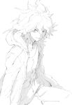  1boy bangs closed_mouth danganronpa_(series) danganronpa_2:_goodbye_despair greyscale hair_between_eyes hood hooded_jacket jacket komaeda_nagito long_sleeves male_focus messy_hair monochrome open_clothes open_jacket pants sawa2 shirt simple_background sketch solo 