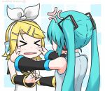  &gt;_&lt; 2girls anger_vein aqua_hair arm_warmers bangs bare_shoulders black_collar black_sleeves blonde_hair bow cheek_pull chibi closed_eyes collar detached_sleeves from_behind grey_shirt hair_bow hair_ornament hairclip hatsune_miku hatsune_negame headphones kagamine_rin long_hair multiple_girls neckerchief open_mouth outstretched_arms sailor_collar school_uniform shirt short_hair sleeveless sleeveless_shirt swept_bangs tears twintails upper_body very_long_hair vocaloid white_bow white_shirt yellow_neckwear 