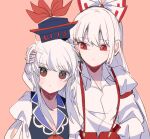  2girls :&lt; bangs blue_dress blue_headwear bow commentary_request dress fujiwara_no_mokou hair_bow hand_on_another&#039;s_head hat itomugi-kun kamishirasawa_keine long_hair long_sleeves multiple_girls pants pink_background red_bow red_eyes red_pants shirt suspenders touhou upper_body white_bow white_hair white_shirt 