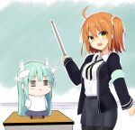  2girls ahoge bangs blush breasts chibi fate/grand_order fate_(series) fujimaru_ritsuka_(female) green_hair hair_ornament hair_scrunchie horns kiyohime_(fate) long_hair long_sleeves looking_at_viewer medium_breasts multiple_girls one_side_up open_mouth orange_eyes orange_hair scrunchie sen_(astronomy) short_hair skirt smile 