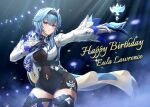  1girl birthday black_hairband black_legwear bodystocking breasts cape character_name closed_mouth commentary_request eula_(genshin_impact) feather_hair_ornament feathers genshin_impact hair_ornament hairband hand_on_own_chest happy_birthday highres light_blue_hair long_sleeves looking_at_viewer medium_breasts medium_hair mon-chan navel smile solo thigh-highs two-tone_gloves upper_body violet_eyes vision_(genshin_impact) zettai_ryouiki 