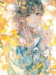  1girl absurdres arm_up autumn_leaves bangs blunt_bangs blurry brown_hair closed_mouth depth_of_field ginkgo_leaf hair_over_shoulder highres lens_flare light_rays original orokudesu solo sunbeam sunlight upper_body 