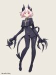  1girl :3 bangs black_legwear black_shirt claws commentary_request crop_top demon_girl demon_horns demon_tail full_body grey_background grey_hair highres horns noah_(tettsui-sole) original pantyhose red_eyes shirt short_hair simple_background smile solo tail twitter_username 