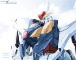  absurdres artist_name character_name clouds cloudy_sky commentary copyright_name english_commentary english_text green_eyes gundam gundam_hathaway&#039;s_flash highres kzchan mecha mobile_suit no_humans science_fiction sky solo upper_body v-fin xi_gundam 