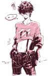  !? 1boy amamiya_ren bangs clothes_pull glasses gloves greyscale hair_between_eyes jacket male_focus monochrome navel off_shoulder parted_lips persona persona_5 sawa2 shirt shirt_pull simple_background sketch solo suspenders sweat t-shirt translated 