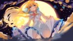  1girl bangs blonde_hair blue_eyes blue_sailor_collar blurry blurry_foreground blush breasts cheli_(kso1564) commentary_request depth_of_field dress eyebrows_visible_through_hair floating_hair frilled_dress frills full_moon highres leaning_to_the_side long_hair long_sleeves moon original parted_lips puffy_long_sleeves puffy_sleeves sailor_collar skirt_hold small_breasts solo very_long_hair white_dress 